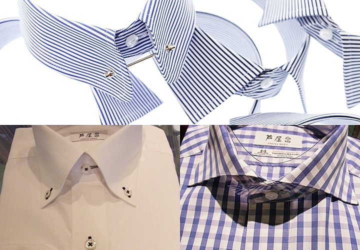 オーダーシャツの襟 ▲ピンホール(上)ボタンダウン(左下)ホリゾンタル(右下)▲