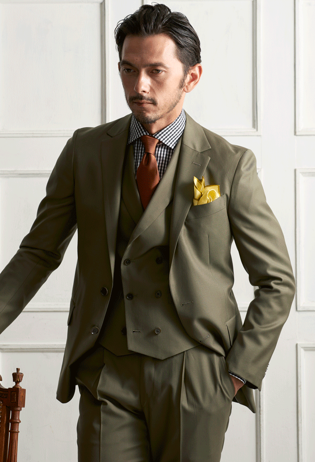 カーキスーツ 無地のコーディネート Drago 223 900 8651 スタイルブック メンズ オーダースーツ専門店globalstyle