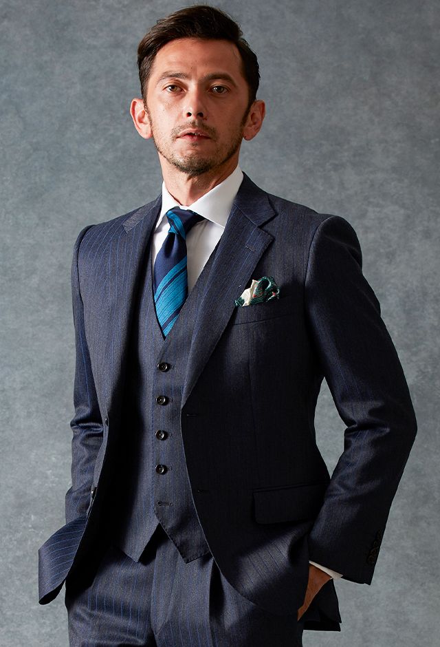 ネイビースーツ・ストライプのコーディネート（SCABAL）｜6041-5130 