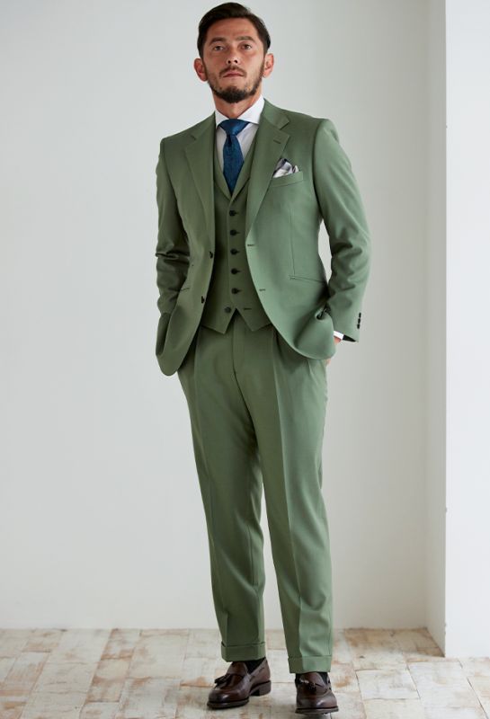 DORMEUIL – ドーメル|グリーン・カーキ|無地のオーダースーツのコーディネート例