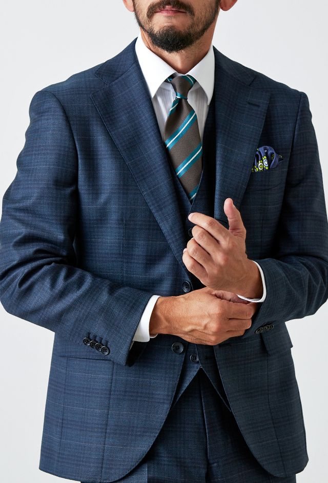 REDA ネイビー チェック柄 ダブルブレストスーツ ネイビースーツ・チェックのコーディネート（REDA）｜3-718060-2